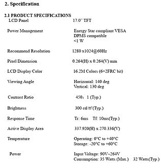 Produktspezifikationen eines 17.0 Zoll TFT LCD Panels