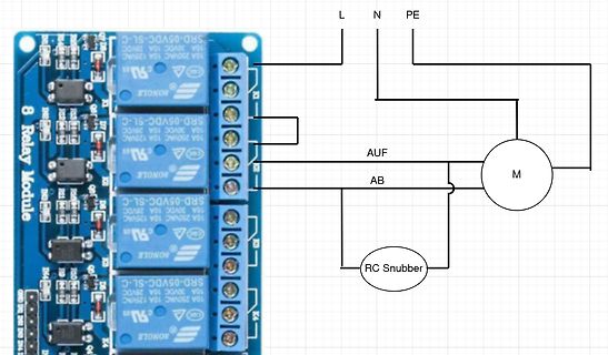 Schaltplan Relaismodul mit Motor und RC-Snubber