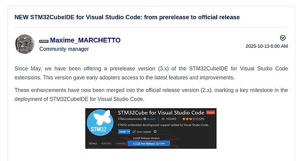 Forum-Post über STM32CubeIDE für Visual Studio Code