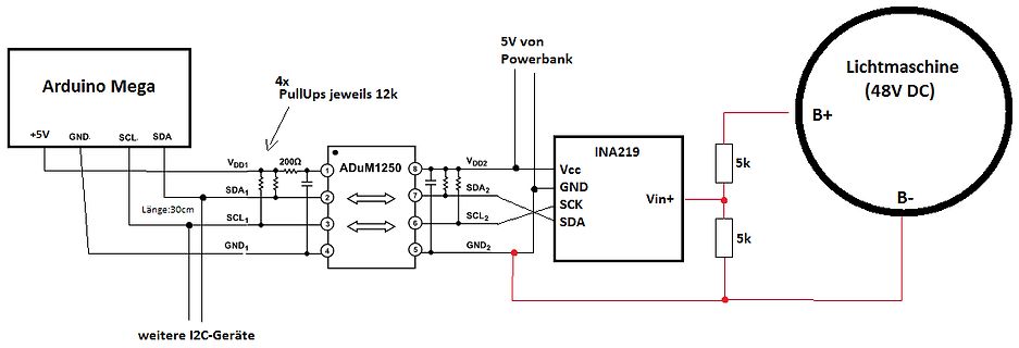Schaltplan mit Arduino Mega, ADuM1250 und INA219