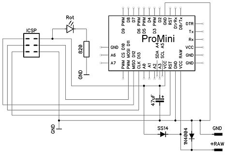 Schaltplan eines Arduino Pro Mini mit ICSP und Diode