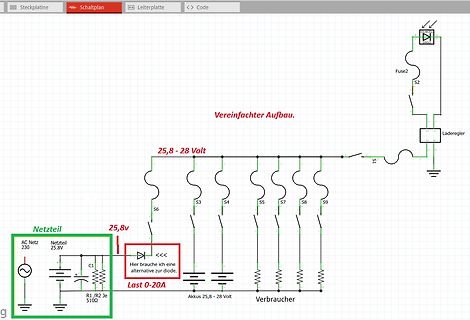 Schaltplan eines Netzteils mit Laderegler und Verbrauchern