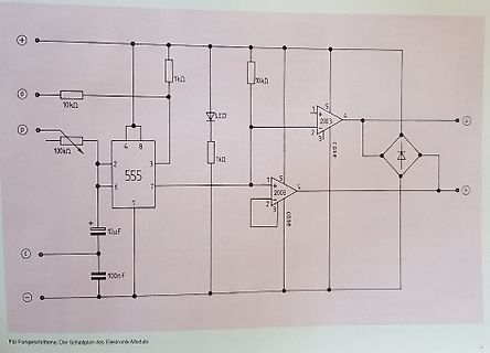 Schaltplan eines Elektronik-Moduls mit 555-Timer
