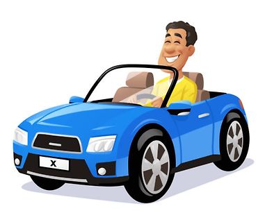Comic-Illustration eines Mannes in einem blauen Cabriolet