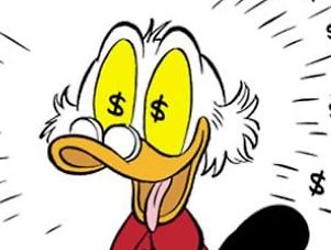 Comic-Figur mit Dollarzeichen in den Augen