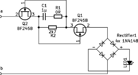 Schaltplan einer Gleichrichterbeschaltung mit MOSFETs