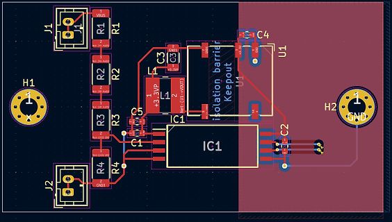 Leiterplatten-Layout einer Schaltung mit IC1 und Isolationsbarriere