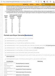 Webseite mit Tabelle und Formeln zum Royer Converter