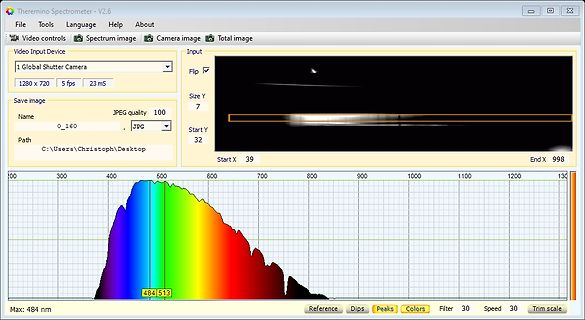 Softwareoberfläche eines Theremino Spektrometers