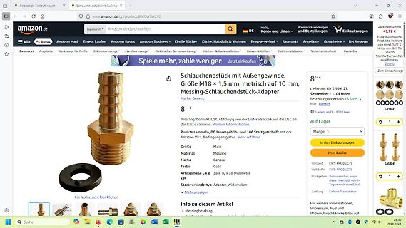 Amazon Produktseite für Messing-Schlauchendstück-Adapter