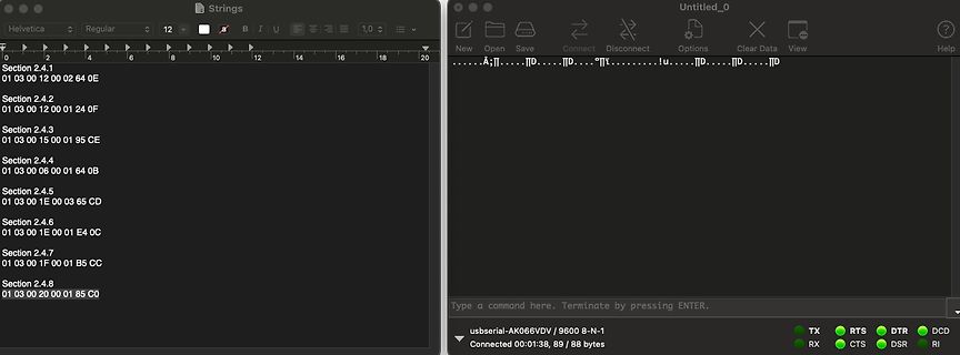 Terminal-Fenster mit Hexadezimal-Daten und Statusanzeige