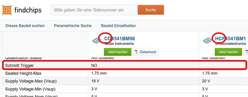 Screenshot einer Bauteilsuche auf findchips.de