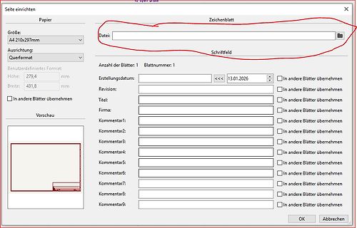 Einstellungsfenster Seite einrichten in einer CAD-Software