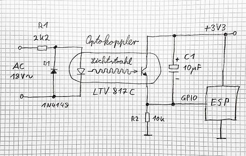 Handgezeichneter Schaltplan mit Optokoppler und ESP