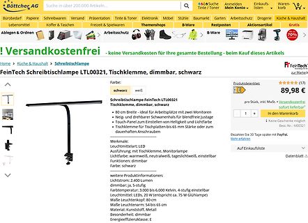 Produktseite einer FeinTech Schreibtischlampe