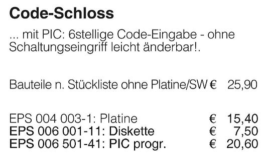 Preisliste für Code-Schloss Bauteile