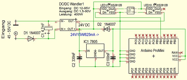 Schaltplan mit DC/DC-Wandler, Spannungsregler und Arduino ProMini