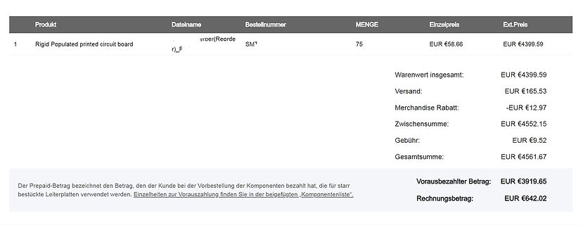 Rechnung für bestückte Leiterplatten