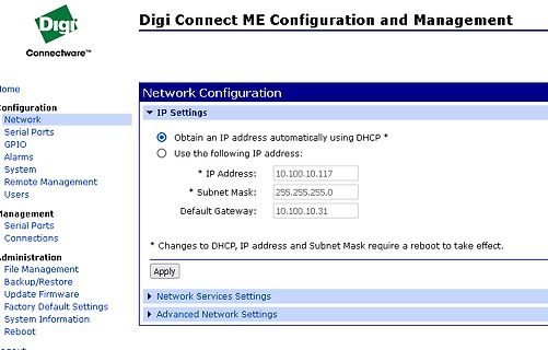 Webinterface der Digi Connect ME Netzwerkkonfiguration