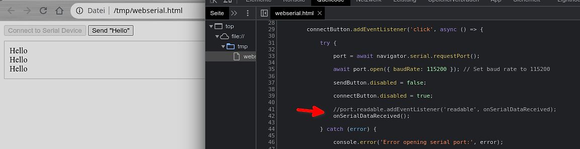 Screenshot von JavaScript-Code für Web Serial API
