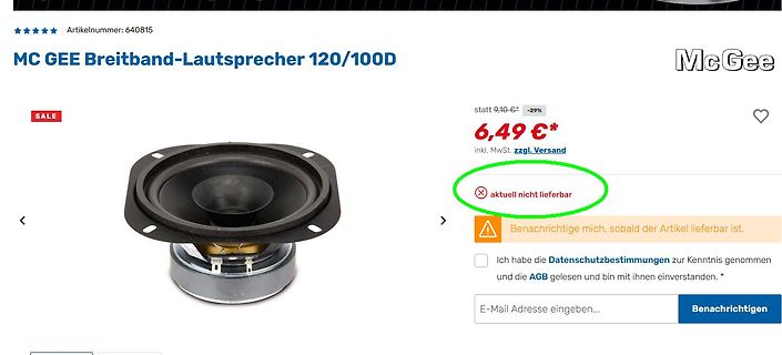Webshop-Ansicht eines Breitband-Lautsprechers