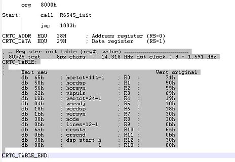 Assembler-Quellcode für CRTC Initialisierungstabelle