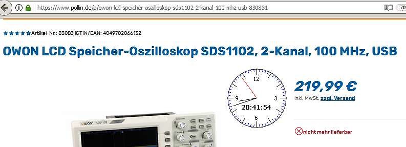 Screenshot eines Online-Shops für ein OWON Oszilloskop