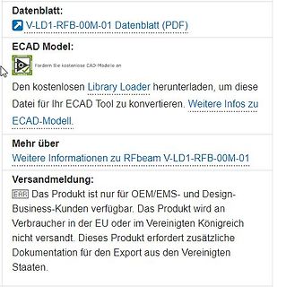 Ausschnitt einer Website mit Datenblatt-Link und Versandhinweisen