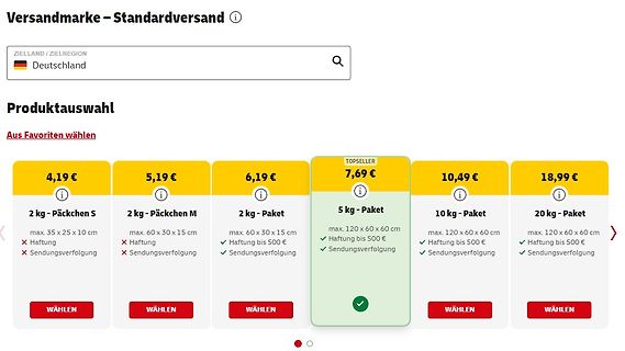 Versandoptionen Auswahl für Pakete