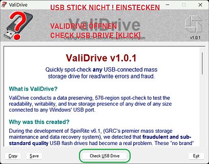 Screenshot der Software ValiDrive v1.0.1