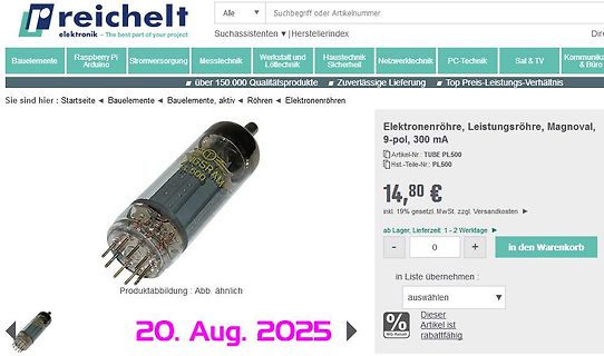 Webshop-Produktseite einer Elektronenröhre