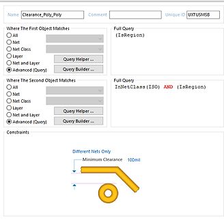 Software-Screenshot einer Clearance-Regel in einem PCB-Layout-Tool