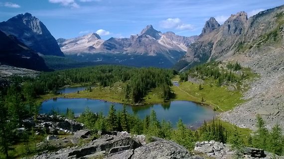 Gebirgspanorama mit Bergseen und Nadelwald