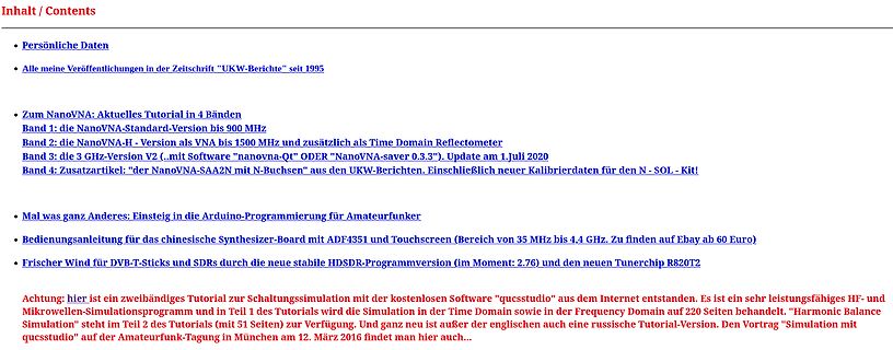 Inhaltsverzeichnis einer Webseite über NanoVNA und Elektronik