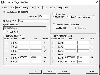 Konfigurationsfenster eines ARM-Compilers für STM32F031G6