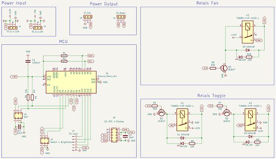 Schaltplan eines Mikrocontroller-basierten Systems mit Relais und Netzteil