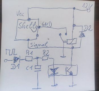 Handgezeichneter Schaltplan mit Shelly-Modul und Relais