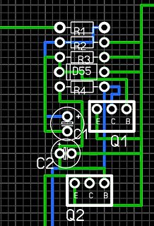 PCB-Layout Ausschnitt mit Widerständen, Kondensatoren und Transistoren