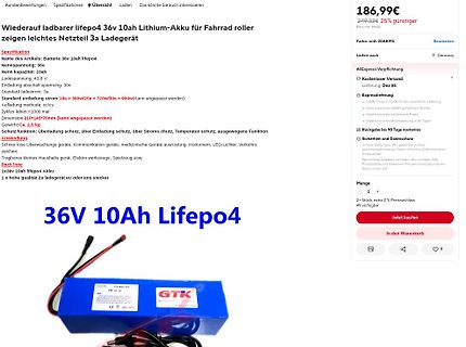Screenshot eines Online-Shops für einen LiFePo4 Akku