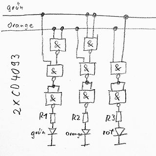 Handgezeichneter Schaltplan mit Logikgattern und LEDs