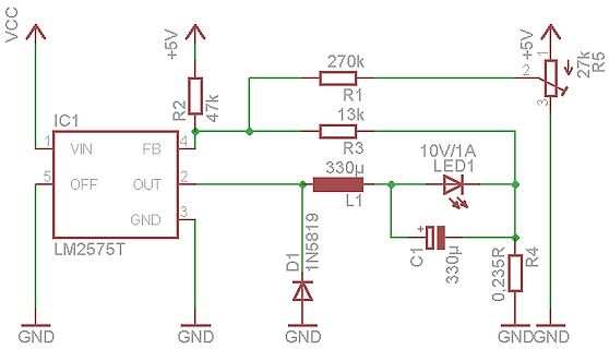 Schaltplan eines Spannungsreglers mit LM2575T