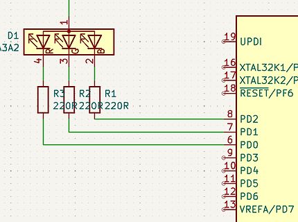 Schaltplan Ausschnitt mit LEDs und Mikrocontroller-Pins