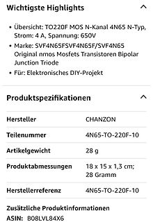 Produktspezifikationen für TO220F MOS N-Kanal Transistor