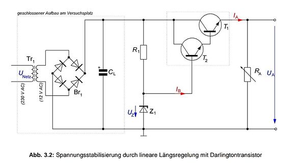 Schaltplan einer Spannungsstabilisierung mit Darlingtontransistor