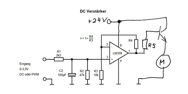 Schaltplan eines DC-Verstärkers mit LM358 und Motor