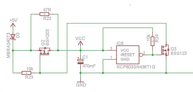 Schaltplan mit Transistoren, Kondensator und Reset-IC