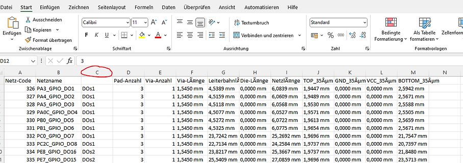 Screenshot einer Excel-Tabelle mit Messdaten