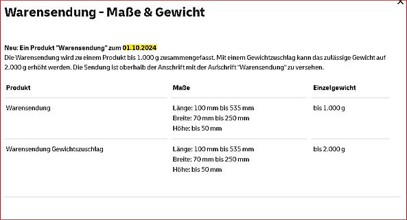 Text über Maße und Gewicht einer Warensendung