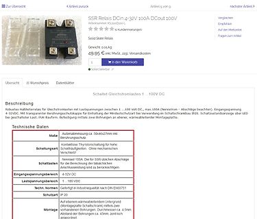 Produktseite eines SSR DCin 4-32V 100A DCout 100V