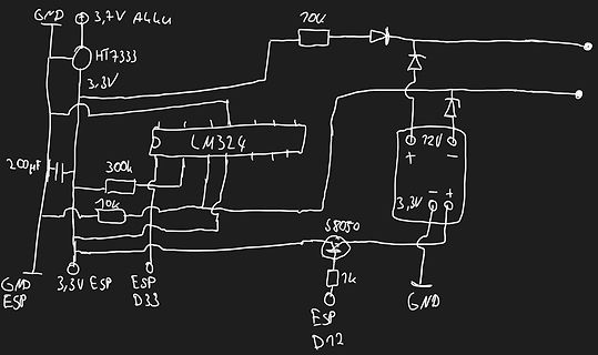 Handgezeichneter Schaltplan mit LM324 und ESP-Anschlüssen